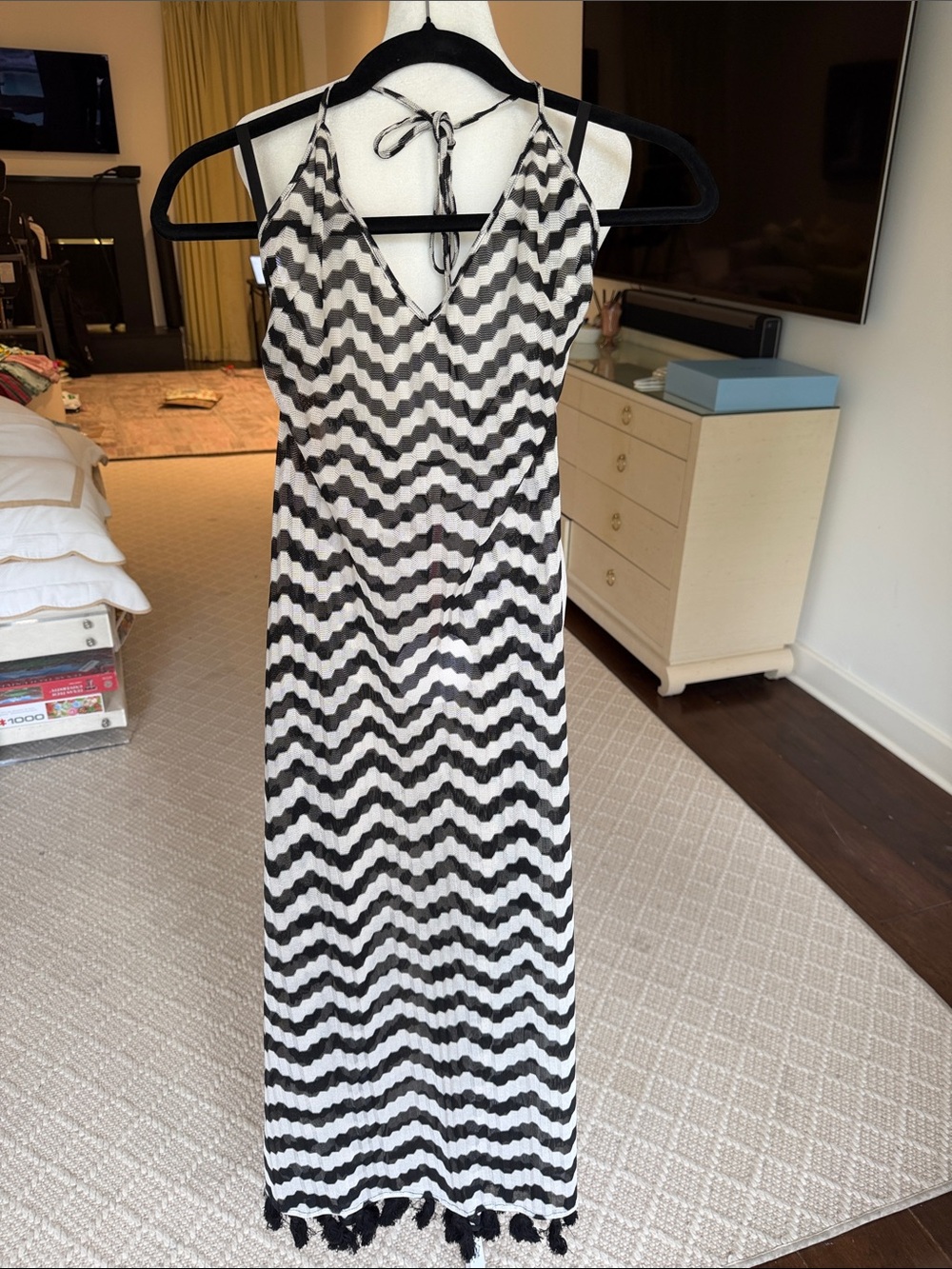 BTB Los Angeles- Women’s Black & White Zigzag Halter Swim Coverup Maxi - Size:XS
